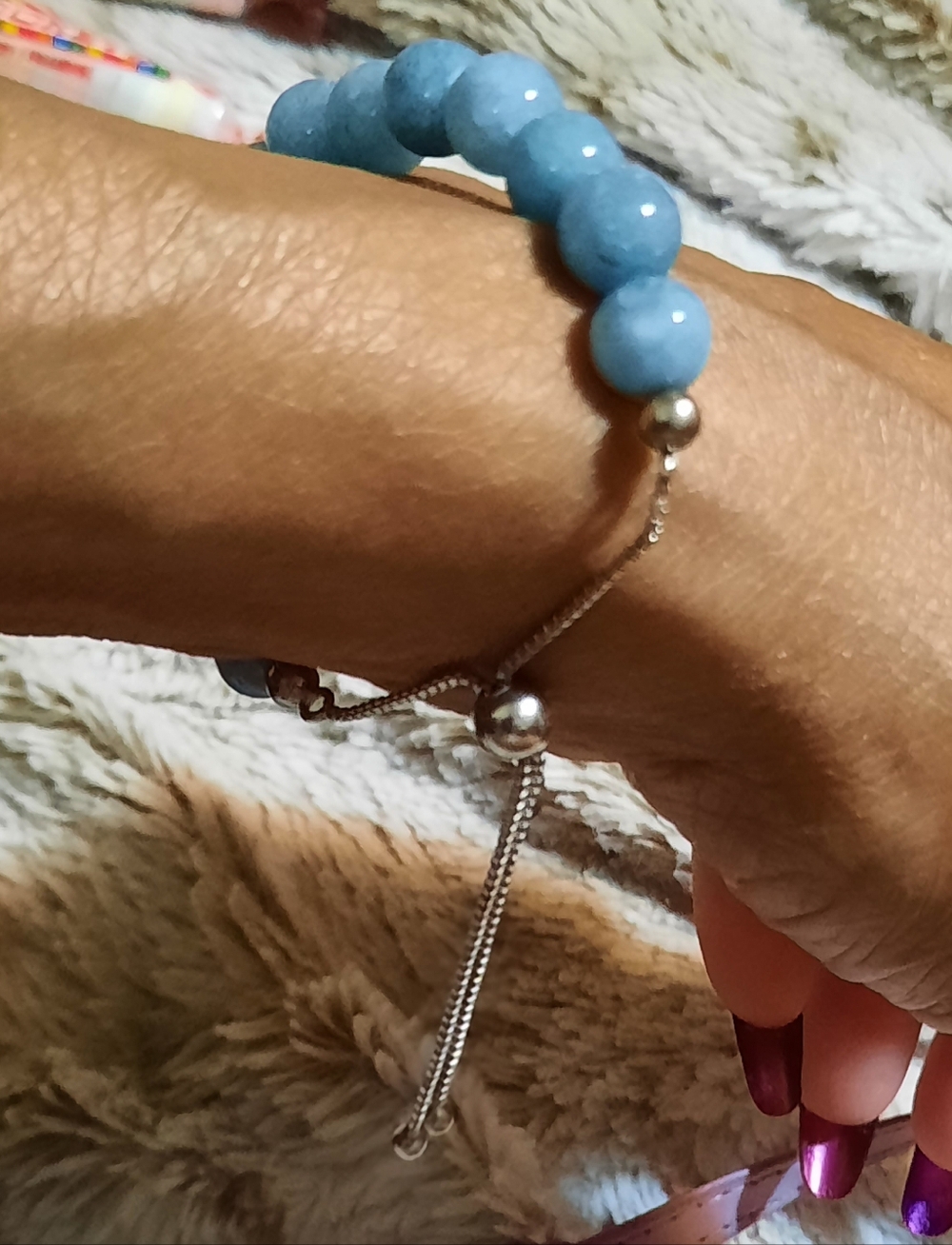 Genuine Aquamarine March Birthstone Beaded BOLO Solid Sterling Silver Bracelet